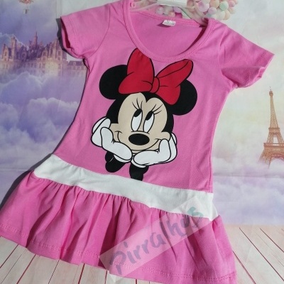 Vestido rosa de criança com estampa da Minnie Mouse e folho na parte inferior