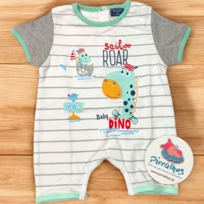 Macacão de bebé com dinossauros e texto em riscas cinzentas