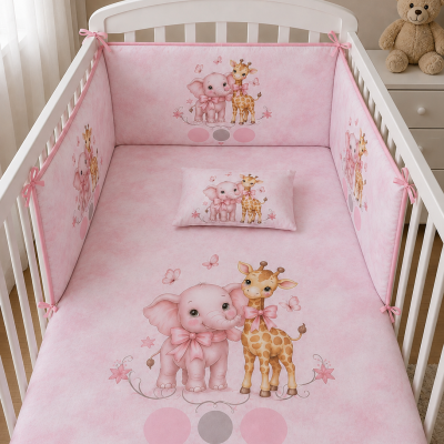 Roupa de cama rosa com elefante e girafa para berço branco