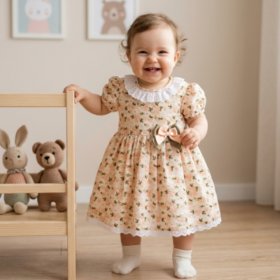 Bebé sorridente com vestido floral cor de pêssego com laço, meias brancas, junto de móveis de madeira clara e brinquedos de peluche