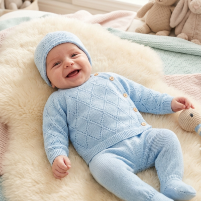 Bebé com roupa de malha azul claro deitado em tapete peludo em ambiente com brinquedos de peluche