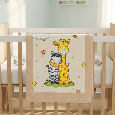 Cobertor de bebé com ilustração de zebra e girafa num berço branco