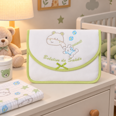 Estojo branco com bordado de urso e coelho, contorno verde, texto Boletim de Safade, num quarto infantil