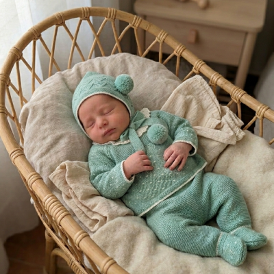 Bebé vestido de lã verde com pompons num berço de vime