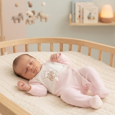 Bebé a dormir vestido com pijama rosa e branco com bordado de ursinho numa cama de madeira clara