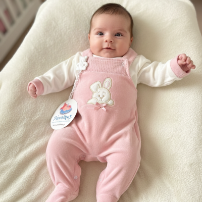 Macacão cor-de-rosa para bebé com bordado de coelho, manga branca e etiqueta Piralhus.