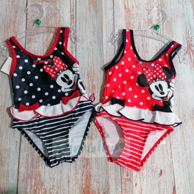 Fatos de banho para criança vermelhos e azul escuro com bolinhas brancas e estampa da Minnie Mouse