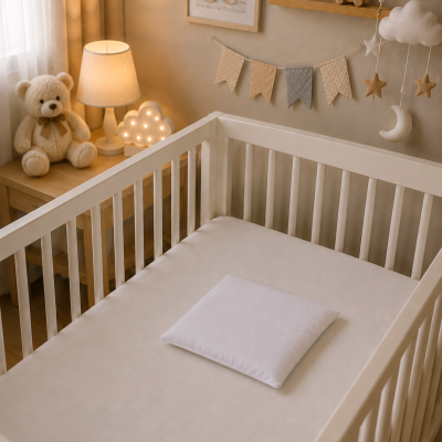 Berço branco com colchão bege e almofada branca numa decoração suave de quarto de bebé.