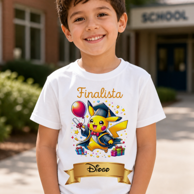 Camisola branca de criança com estampa de Pikachu graduado com texto Finalista e nome Diogo