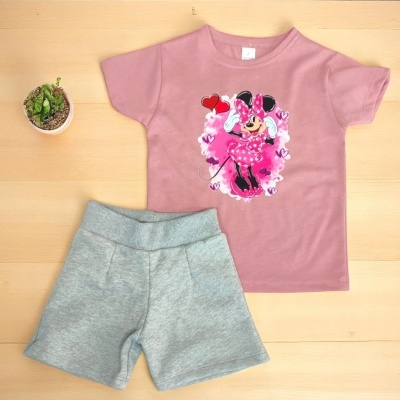 Conjunto infantil menina t-shirt rosa Minnie Mouse e calções cinza claro