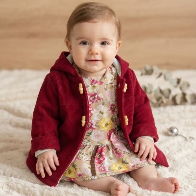 Bebé com vestido floral e casaco vermelho sentada em manta branca