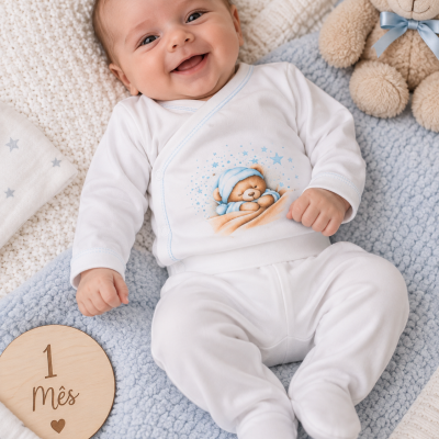 Bebé sorridente com pijama branco com ursinho azul e peluche castanho ao lado