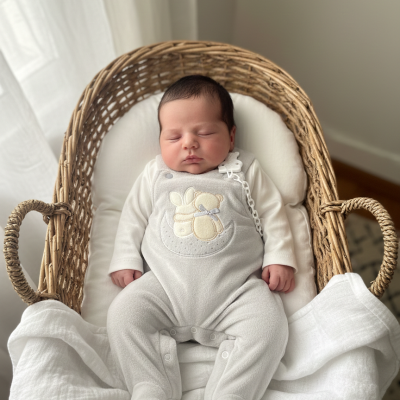 Bebé vestido de pijama cinzento claro com urso e coelho bordados numa cesta de vime