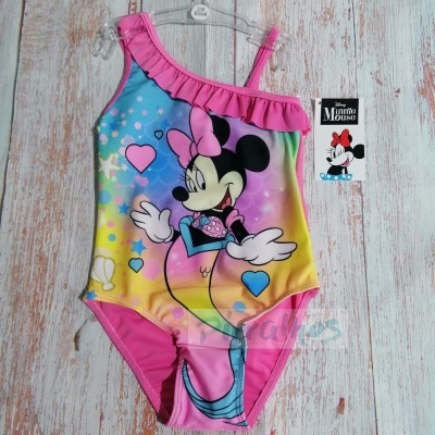 Fato de banho infantil rosa e colorido com estampa da Minnie Mouse e folho no peito.