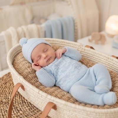 Bebé adormecido em conjunto de malha azul clara dentro de casulo branco em rattan com alças castanhas.