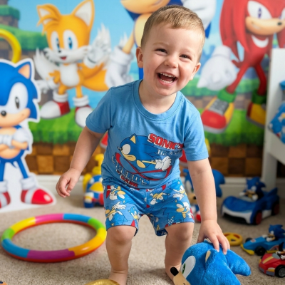 Criança com roupa do Sonic numa sala cheia de brinquedos e decoração do Sonic