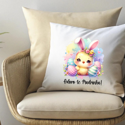 Almofada branca com coelho bebé e texto 