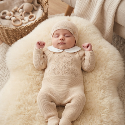 Bebé deitado em almofada creme veste fato de malha creme com gola branca e gorro, perto de cesta com brinquedos de madeira e crochet.