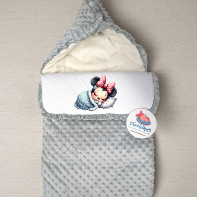 saco de dormir ou manta para bebé cinza com desenho da Minnie bebé e etiqueta Pirralhos
