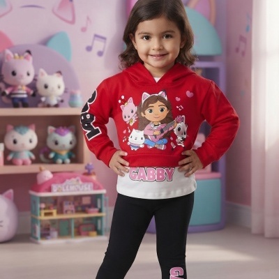 Criança vestindo camisola com capuz vermelha e branco e leggings pretas com estampa GABBY em quarto infantil decorado