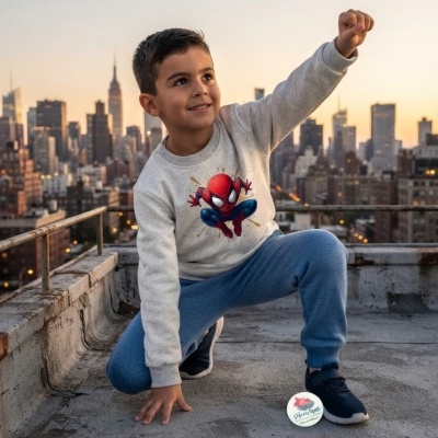 Camisola cinza com estampa do Homem-Aranha e calças azuis numa cobertura urbana ao pôr do sol.