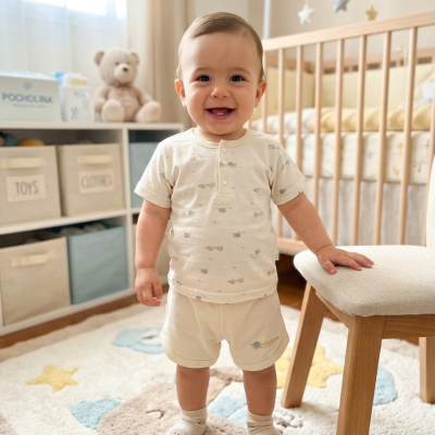Bebé sorridente com roupa bege com padrão, em quarto infantil com berço de madeira e tapete colorido