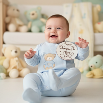 Bebé sorridente com pijama azul e placa redonda com texto