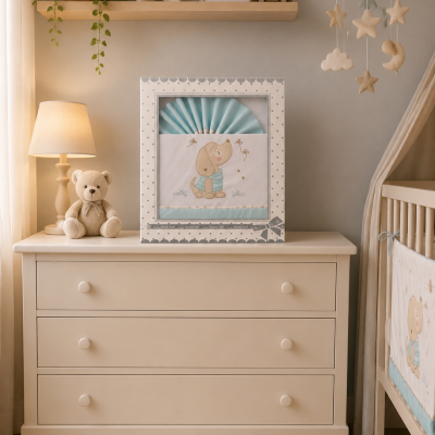 Quarto de bebé decorado com cómoda, candeeiro, urso de peluche, prateleira, quadro, móbile e embalamento com roupa de cama azul e branca.