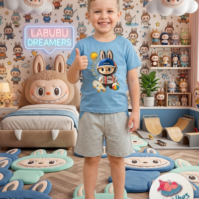 Quarto infantil com decoração e mobiliário temáticos Labubu, incluindo cama, tapetes, bonecos e papel de parede com personagens divertidos.