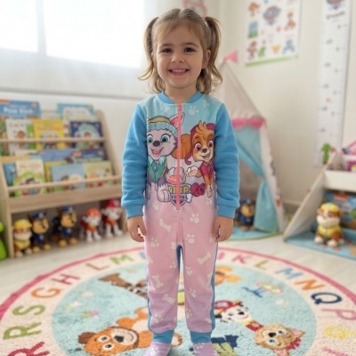 Criança em pijama rosa e azul com personagens animados em quarto infantil com tapete do alfabeto e brinquedos