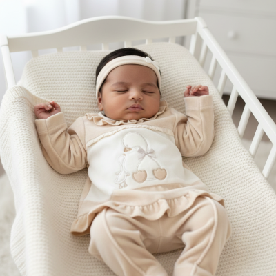 Bebé a dormir em álcool bege com pijama bege e branco bordado e faixa de cabelo creme