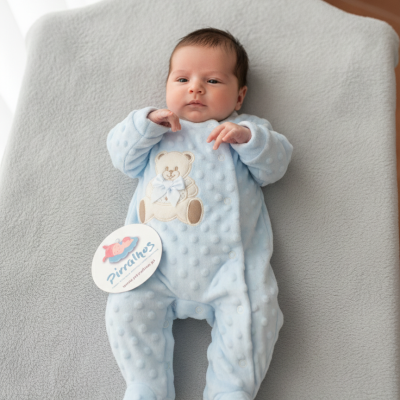 Pijama de bebé azul claro com ursinho e etiqueta da marca Pirralhos