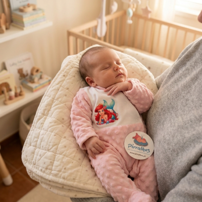 Bebé com macacão cor-de-rosa e estampa Ariel adormecido no colo com almofada creme e etiqueta Pirralhos