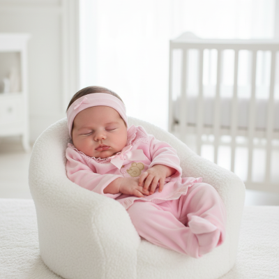 Bebé a dormir vestindo fato de pijama cor-de-rosa numa cadeira branca macia num quarto de bebé claro