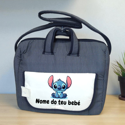Mala de bebé cinzenta com bolso branco e estampa Stitch