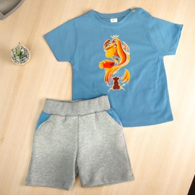 Conjunto infantil com t-shirt azul estampada e calções cinza