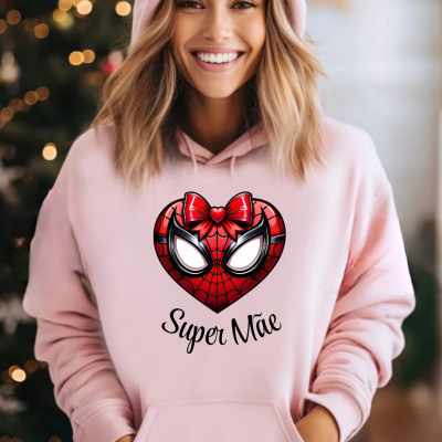 Sudadera rosa claro com estampa de coração Homem-Aranha e texto 'Super Mãe'