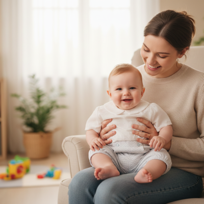 Bebé sorridente vestido de branco com mulher numa poltrona bege