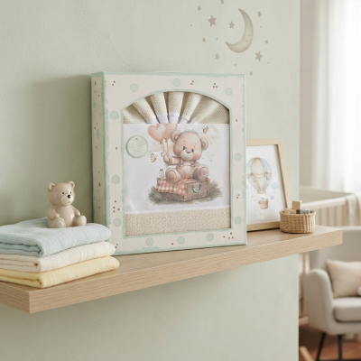 Toalhas, boneco e caixa decorativa com desenho de urso numa prateleira de madeira clara