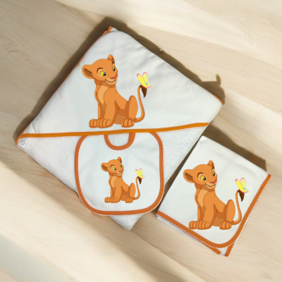 Toalhas de banho para bebé com desenho do Simba em branco e bordas laranja