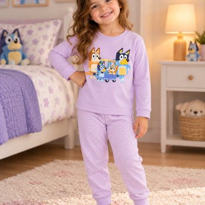 Criança usando pijama lilás com desenho de personagens no peito, em quarto infantil acolhedor.