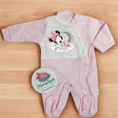 Pijama de bebé cor-de-rosa e branco com personagem Minnie Mouse estampada