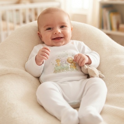 Bebé sorridente em macacão branco com desenho de comboio e animais, sentado num sofá almofadado bege com brinquedo de tecido.