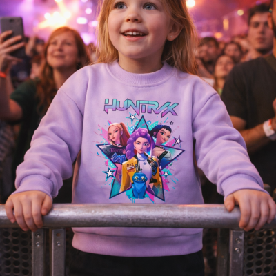 Criança com sweatshirt lilás com estampa de personagens e texto HUNTRAX num concerto