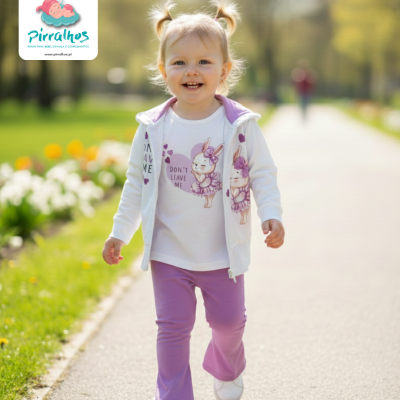 Criança a caminhar em parque com roupa branca e lilás e desenhos de coelhinha bailarina