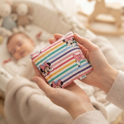 Almofada pequena colorida com imagens da Minnie Mouse nas mãos
