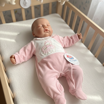 Boneca de bebê com macacão rosa e branco no berço com móbile de pelúcia