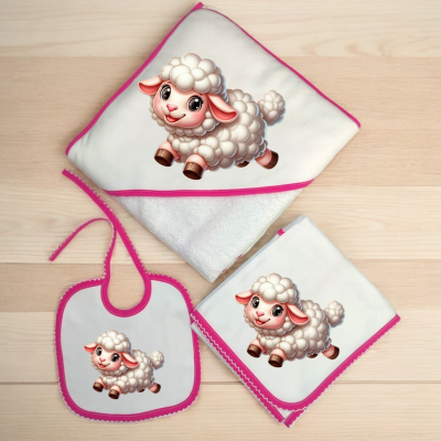 Conjunto de produtos para bebé com estampa de ovelha e detalhes cor-de-rosa