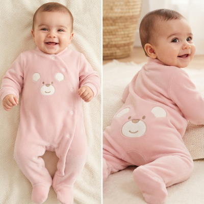 Pijama rosa para bebé com desenho de ursinho e botões ao longo da frente