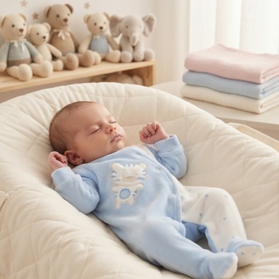 Bebé dormindo em almofada branca com fato azul e branco, brinquedos de peluche e mantas ao fundo